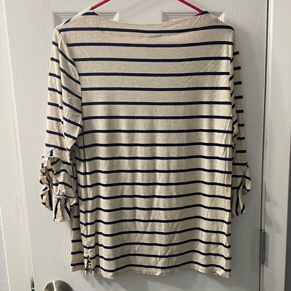 Chicos Beige Striped Ruffle Elbow-Sleeve Top Round Neck Rayon Blend 1 medium - Picture 2 of 12